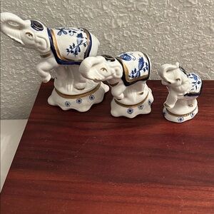 Ceramic Elephant Figurine Set with Blue and Gold Accents Set of 3
